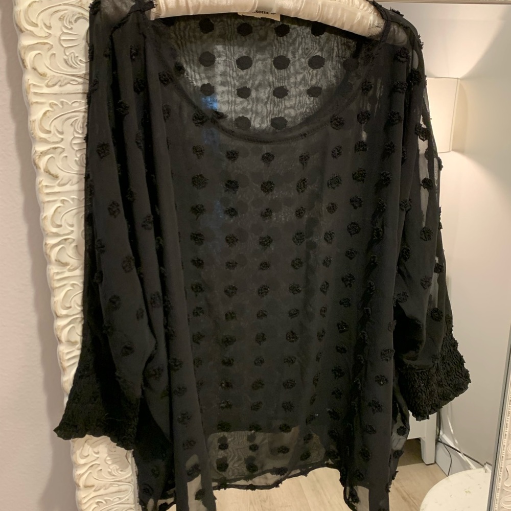 Sheer oversized black blouse with polka dots. Needs undershirt.